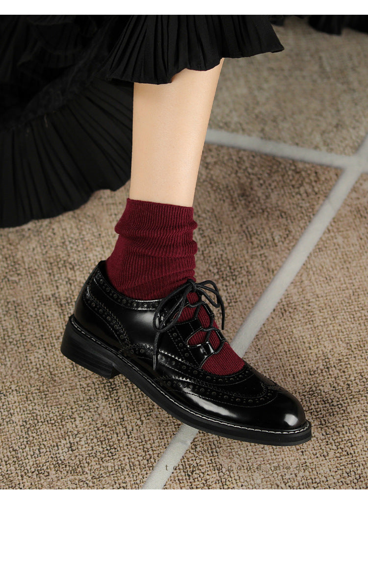 Single Shoes Womens Color Matching Carved Patent Leather Lace-up Loafers French Retro