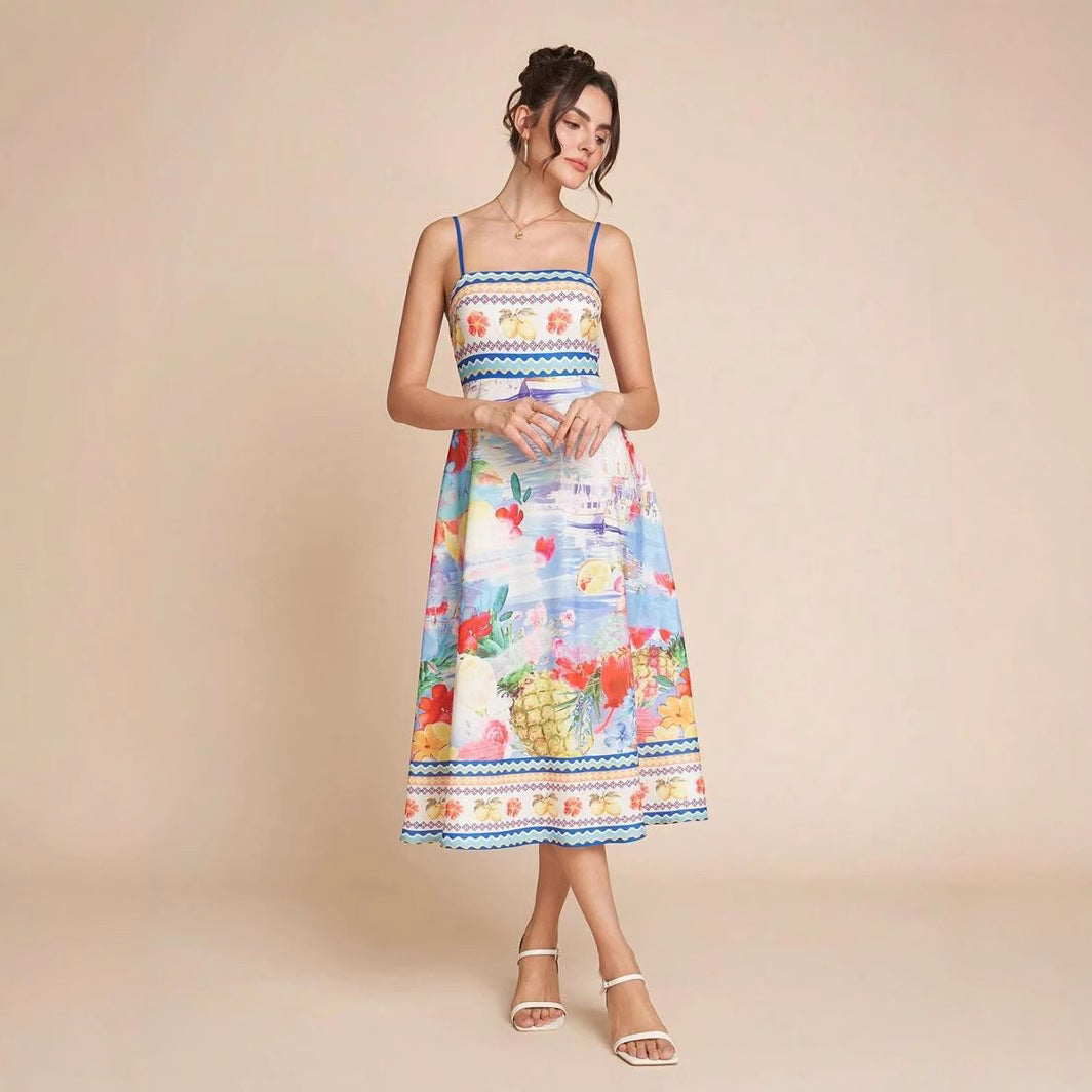 Elegant Spaghetti Strap Floral Print Summer Dress