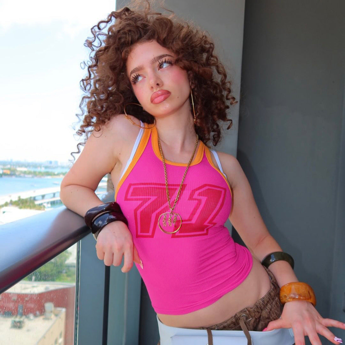 Street Printing Color Contrast Skinny Short Cropped Tank Top