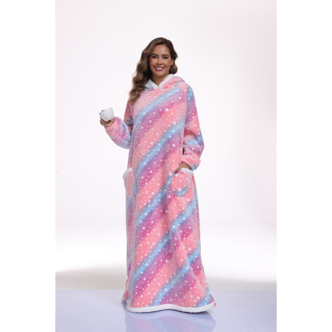 Oversized Wearable Hooded Blanket With Print Glow In The Dark Long Size-59in Sherpa Warm Sweatshirt For Women