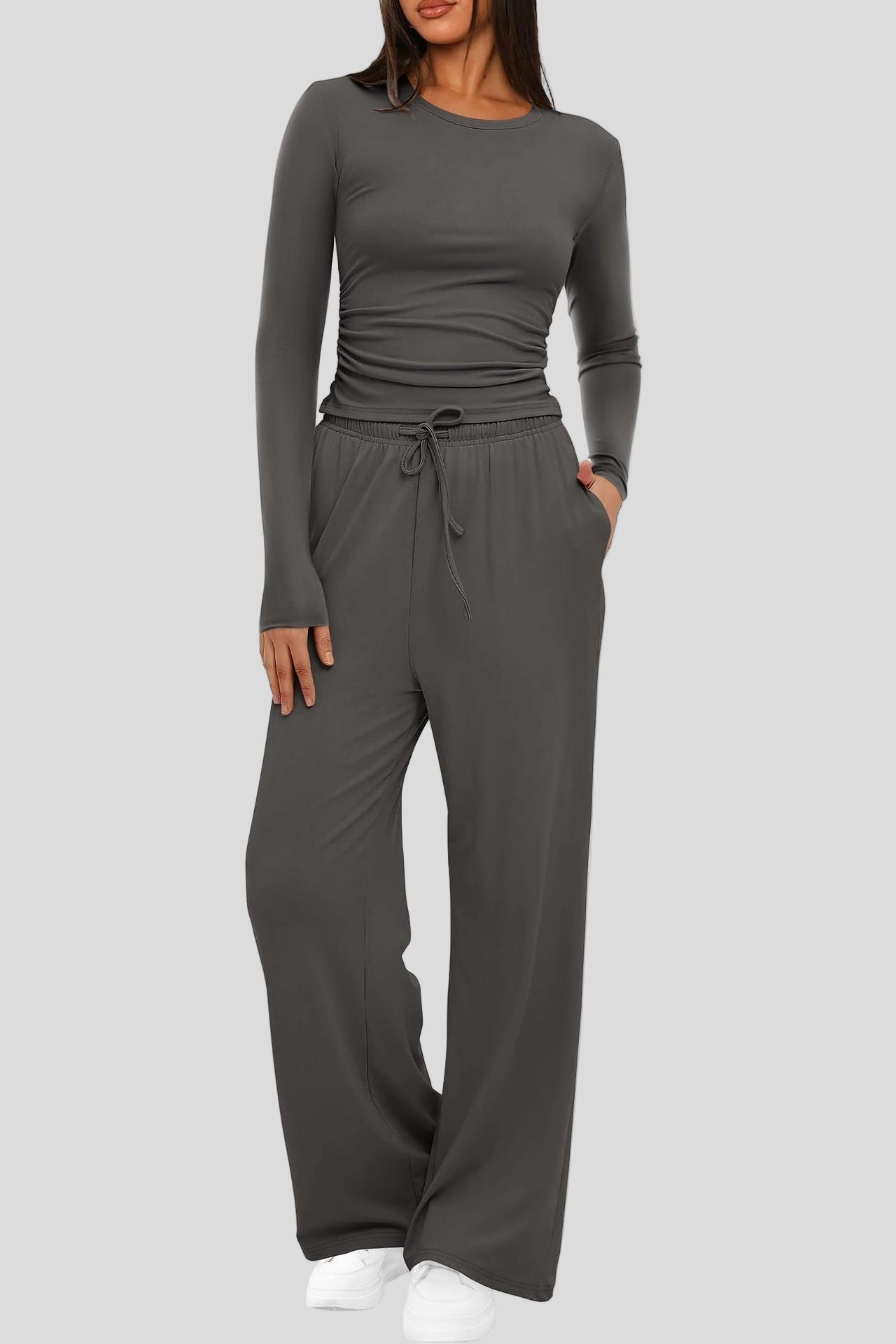 2 Pieces Women's Suit Autumn Winte Long Sleeve Tops High Waisted Wide Leg Pants Sportswear Female Clothes Solid Color Casual Suit