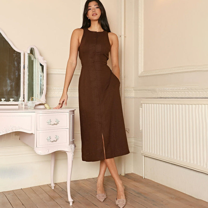 Sleeveless Round Neck Multi-button Strap Casual Dress