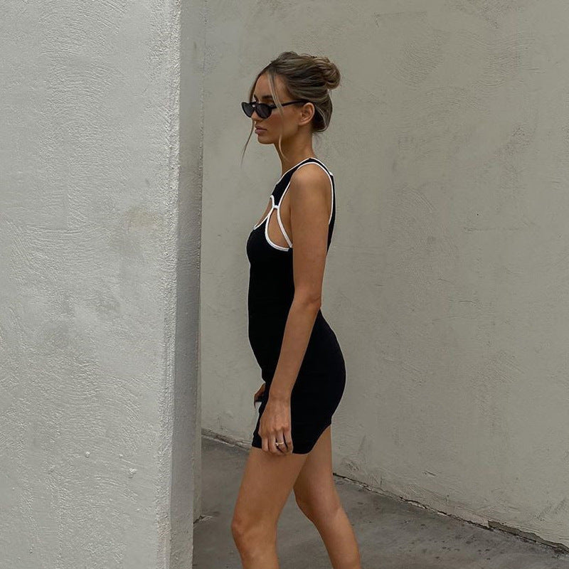 Round neck sleeveless hollow contrast dress