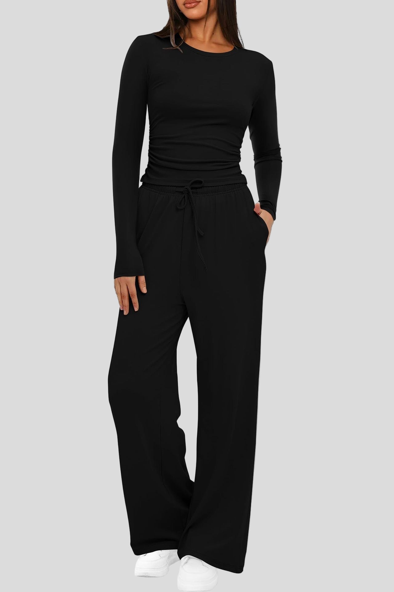 2 Pieces Women's Suit Autumn Winte Long Sleeve Tops High Waisted Wide Leg Pants Sportswear Female Clothes Solid Color Casual Suit