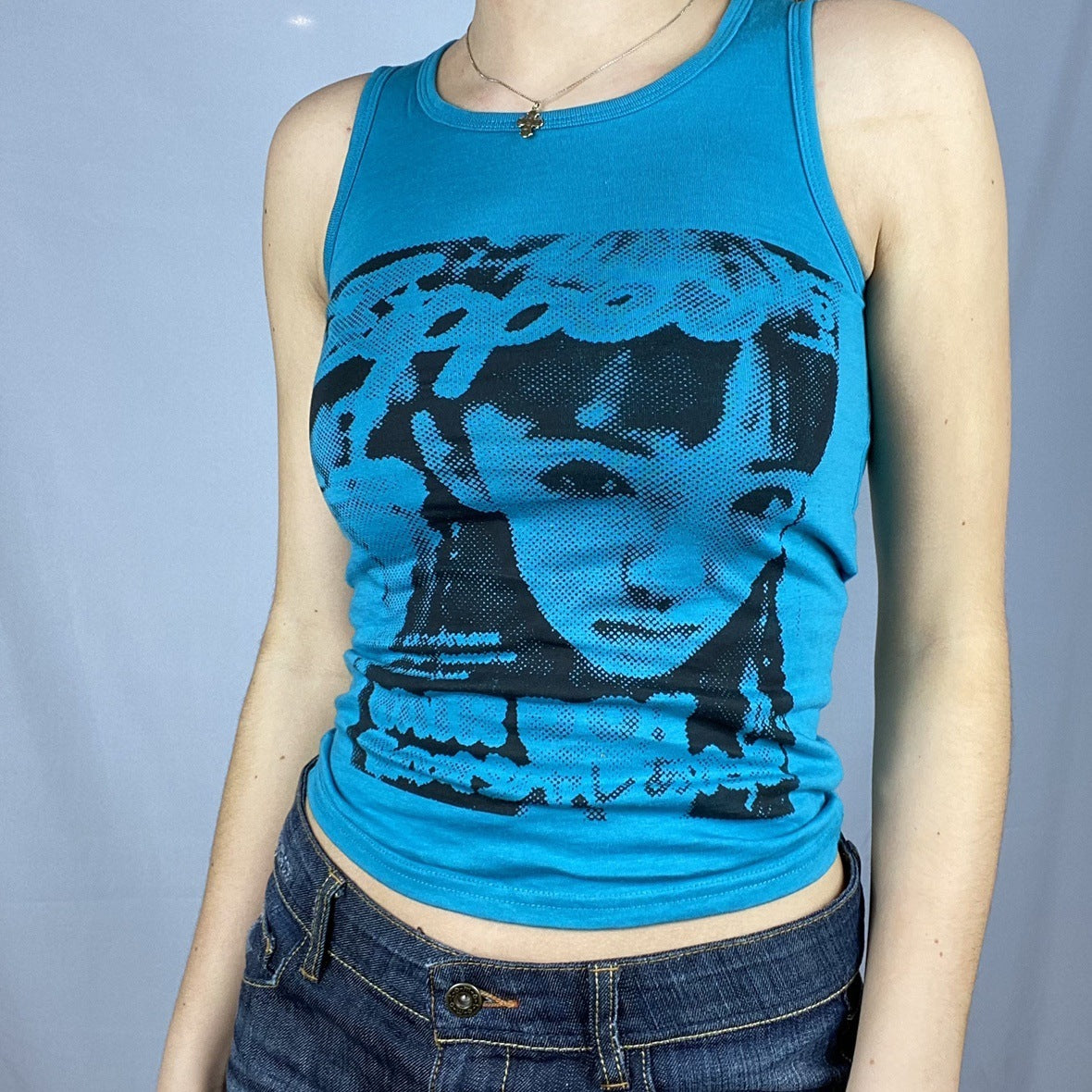 Beauty Portrait Print Fashion Round Neck Sleeveless Vest Casual Navel Cropped Top