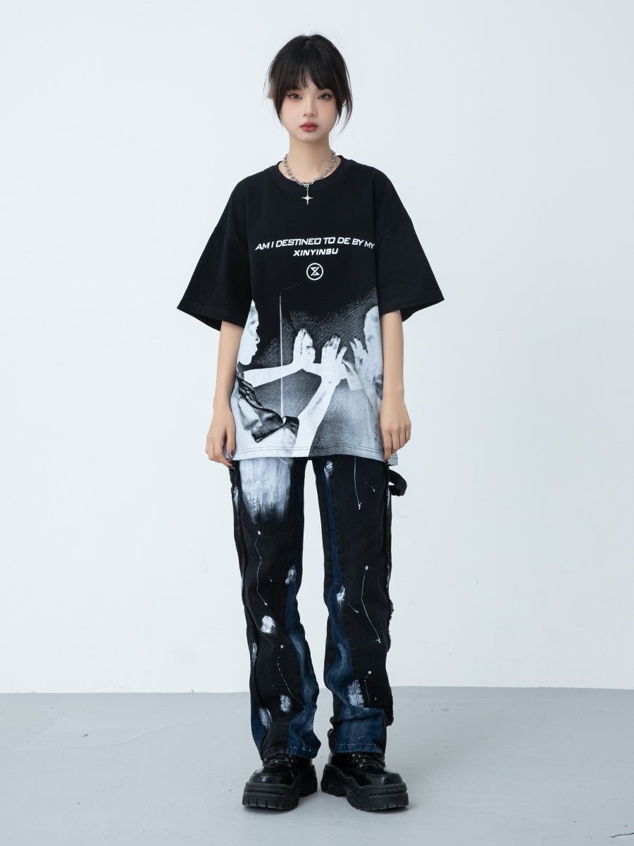 New Letter Portrait Color Reversal Graphic Print T-shirt Men