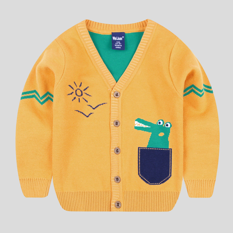 Flying vehicle dinosaur V-neck cartoon sweater