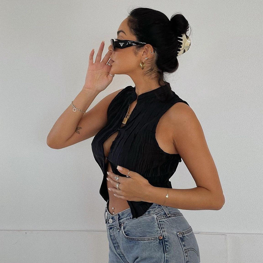 Fashion Solid Color Cropped Navel Cardigan Ladies Tank Top