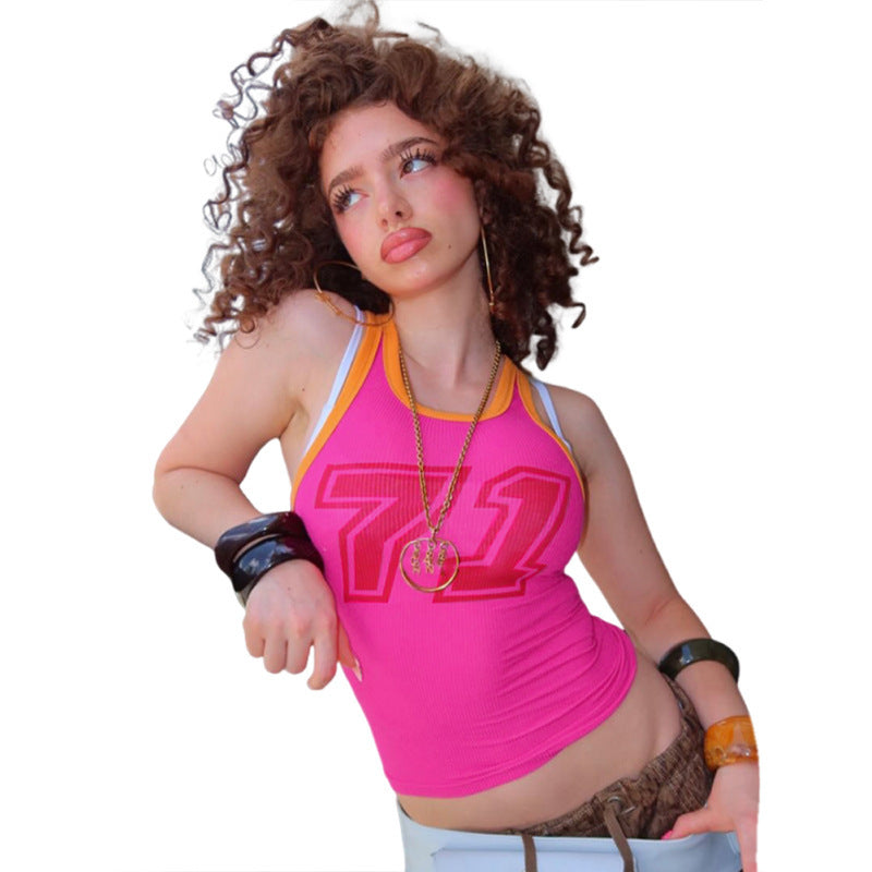 Street Printing Color Contrast Skinny Short Cropped Tank Top