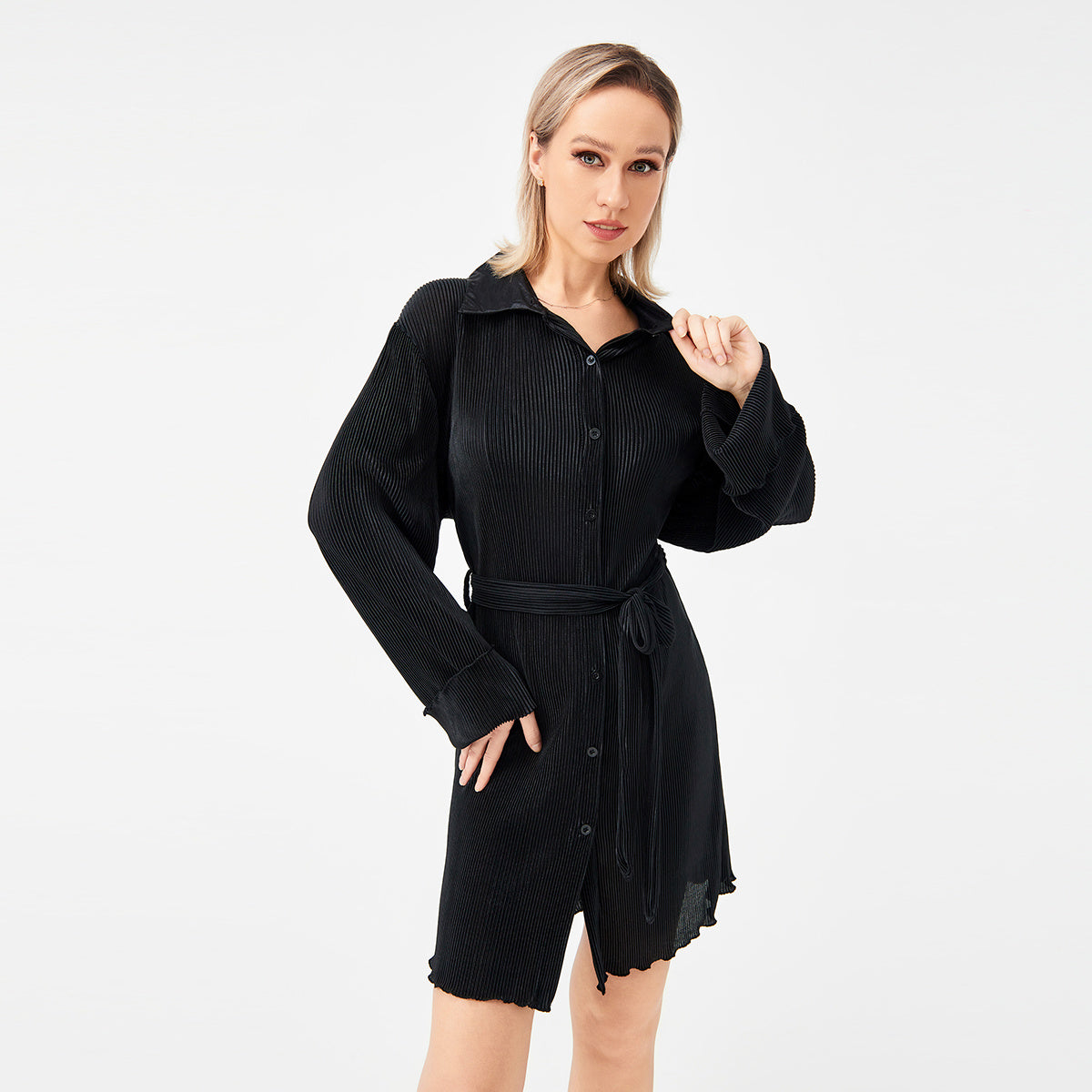 Casual Pleated Loose Shirt Tie Skirt