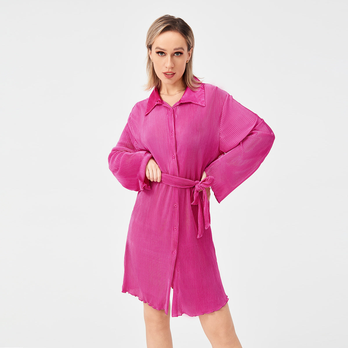 Casual Pleated Loose Shirt Tie Skirt