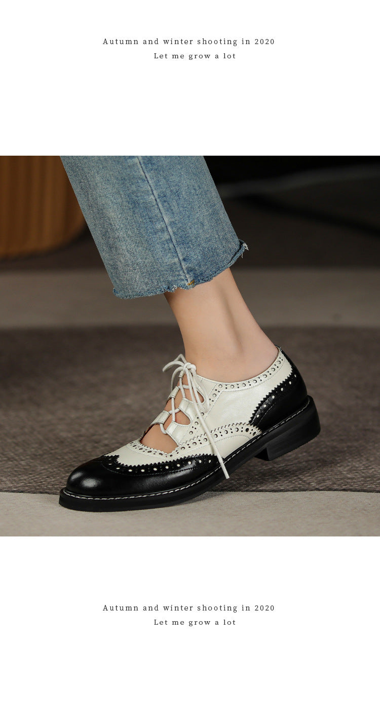 Single Shoes Womens Color Matching Carved Patent Leather Lace-up Loafers French Retro