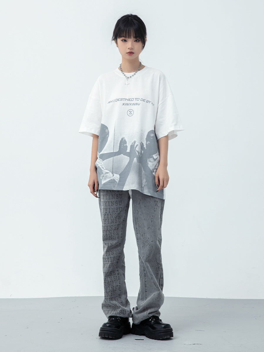 New Letter Portrait Color Reversal Graphic Print T-shirt Men