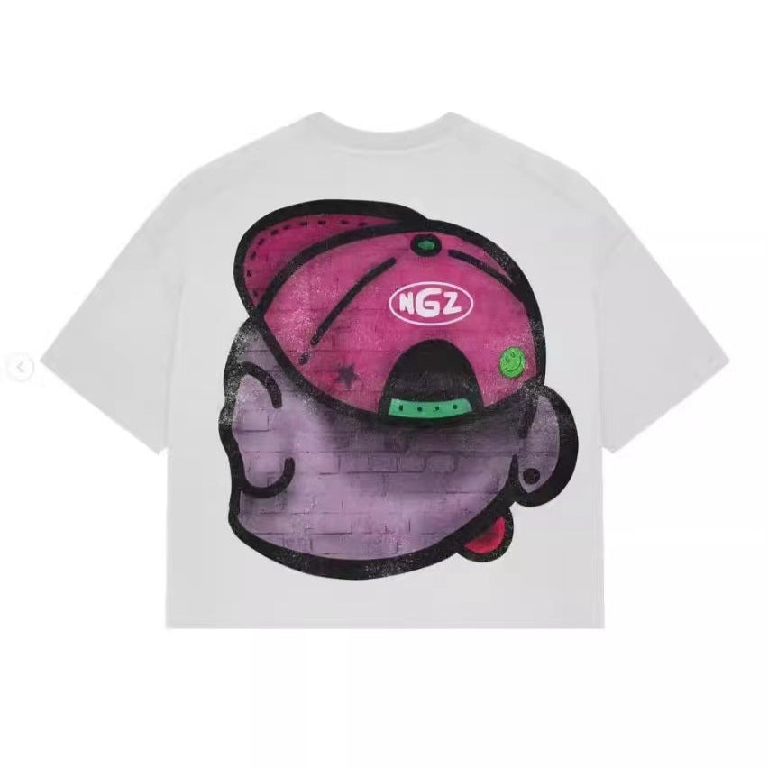 Summer Long Short Sleeve Cartoon Graphic Print T-shirt Hip Hop Harajuku Casual Round Neck