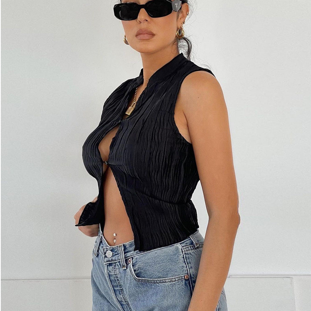 Fashion Solid Color Cropped Navel Cardigan Ladies Tank Top