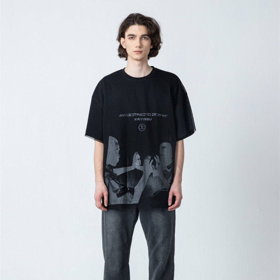 New Letter Portrait Color Reversal Graphic Print T-shirt Men