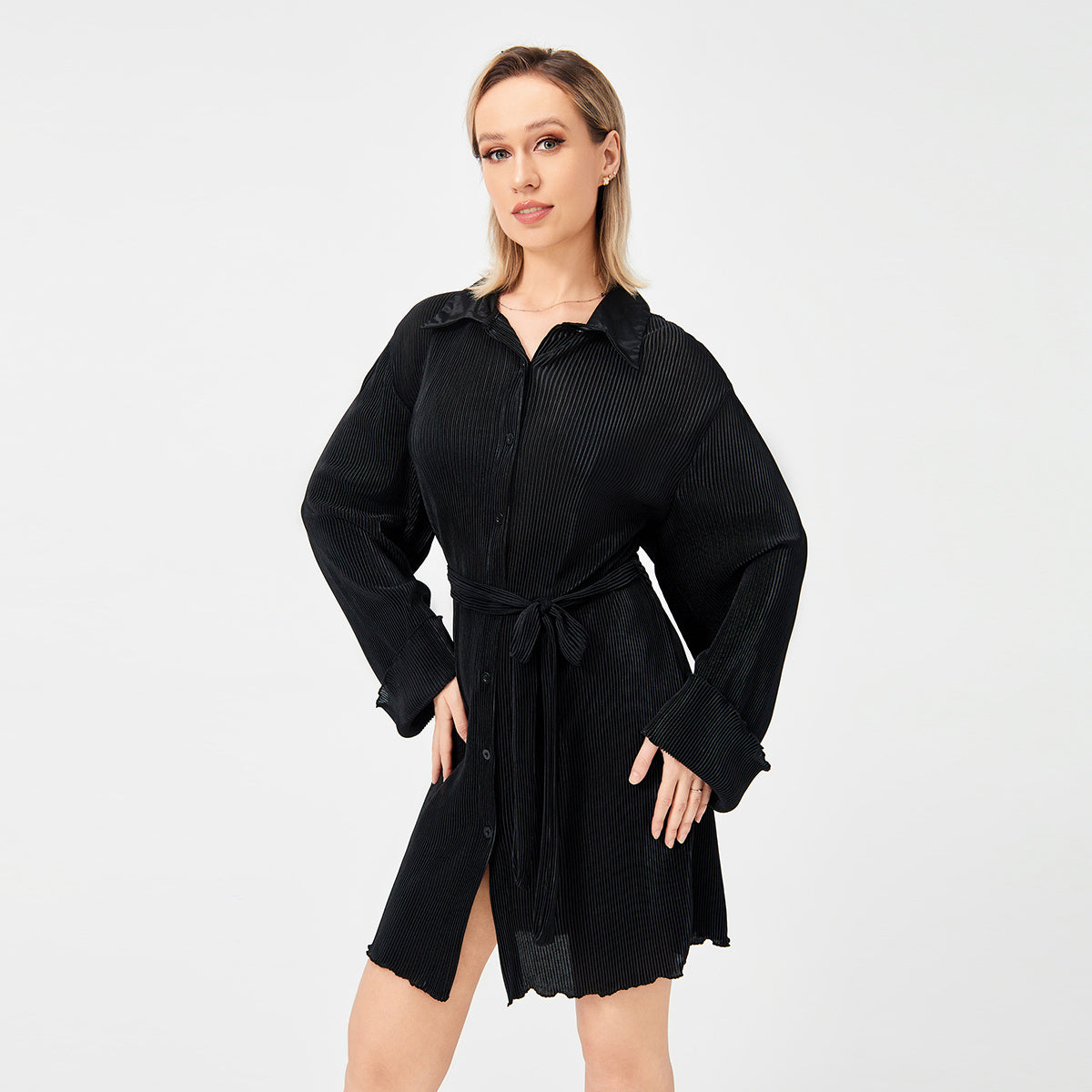 Casual Pleated Loose Shirt Tie Skirt