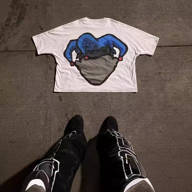 Summer Long Short Sleeve Cartoon Graphic Print T-shirt Hip Hop Harajuku Casual Round Neck