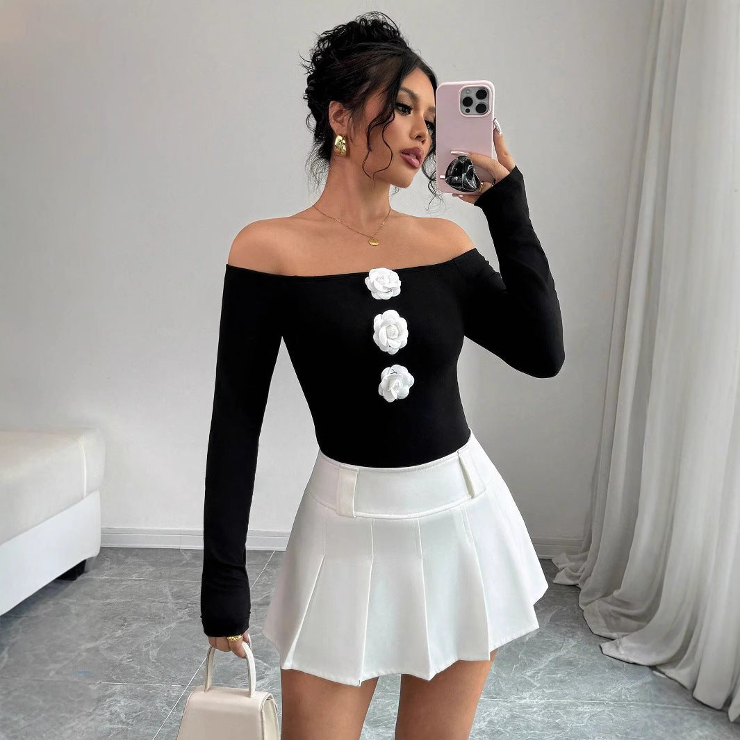 3D Floral Off-the-shoulder Off-neck Slim-fit Long-sleeved T-shirt