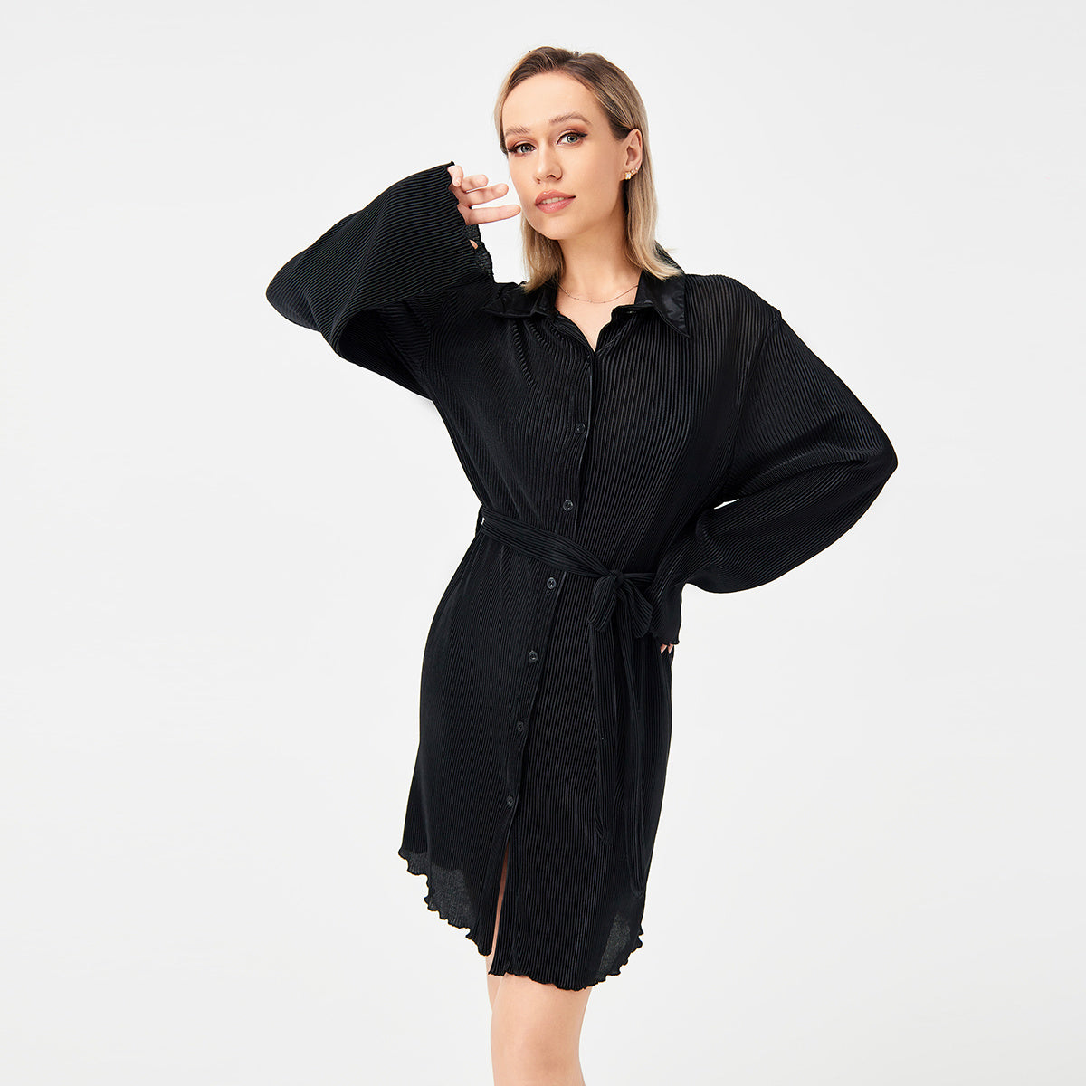 Casual Pleated Loose Shirt Tie Skirt