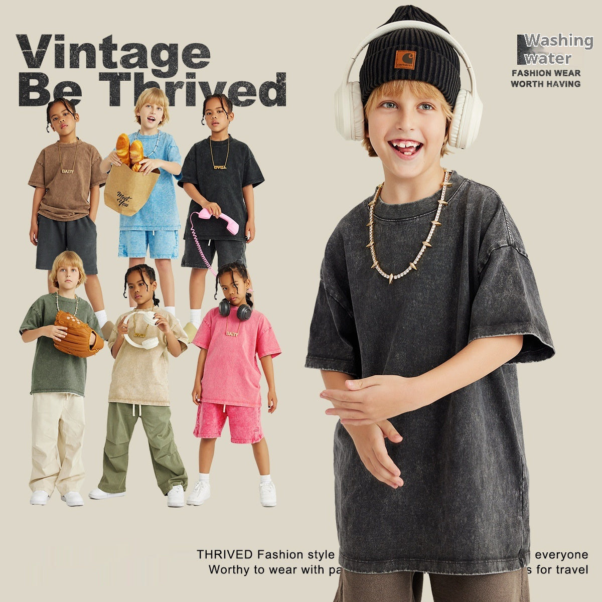 Washed Round Neck Short Sleeve Batik Children's T-shirt