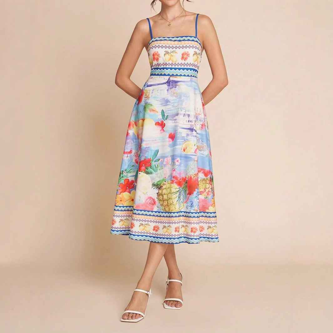 Elegant Spaghetti Strap Floral Print Summer Dress