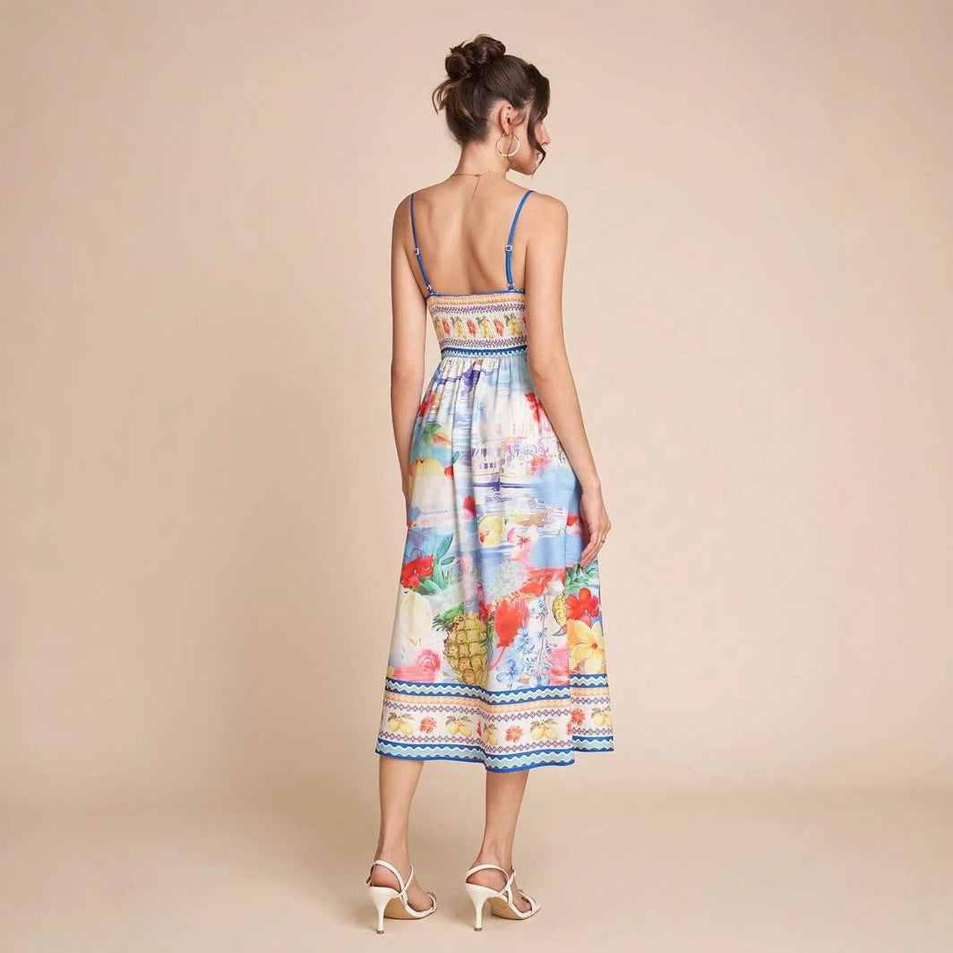 Elegant Spaghetti Strap Floral Print Summer Dress