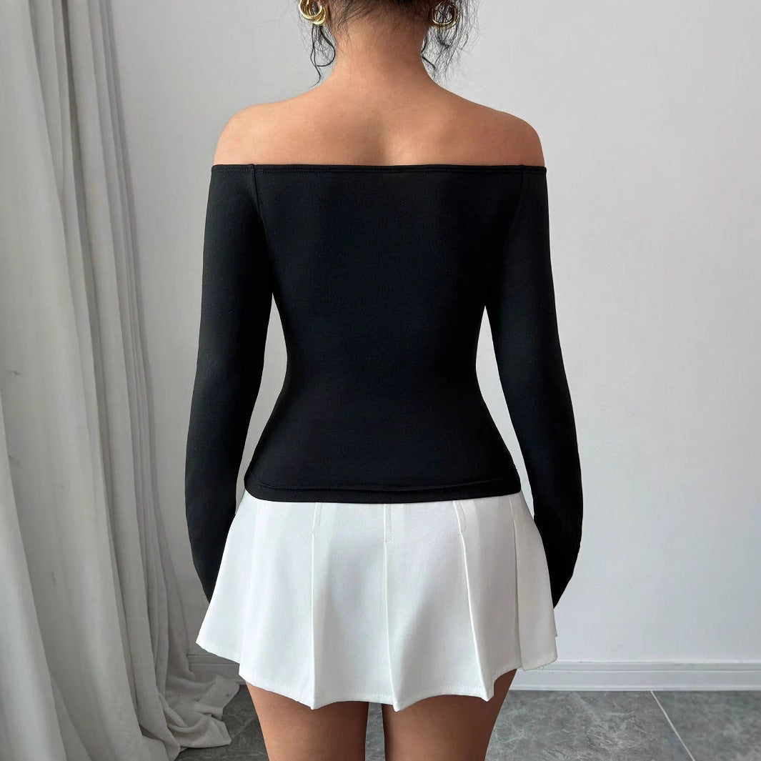 3D Floral Off-the-shoulder Off-neck Slim-fit Long-sleeved T-shirt